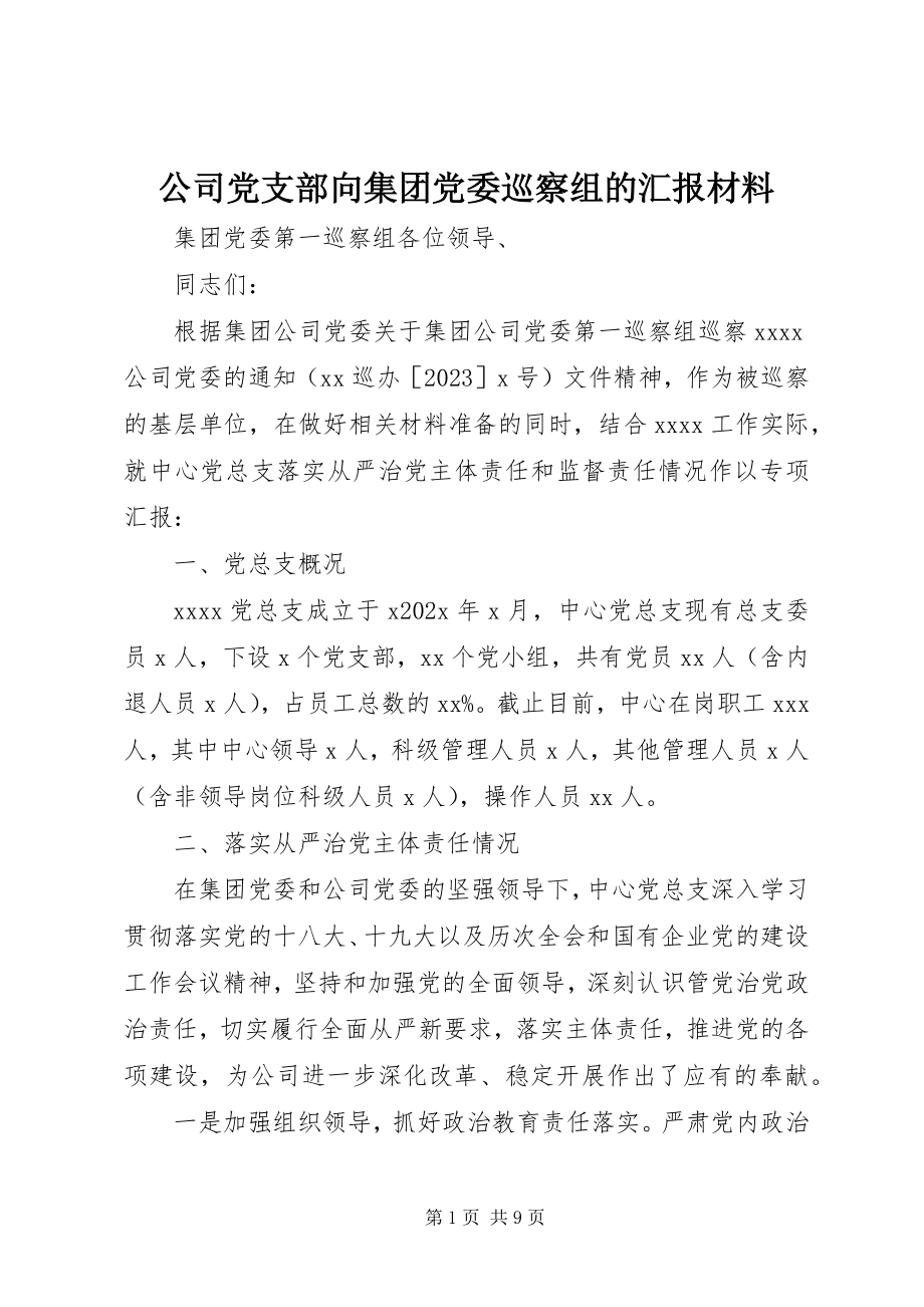 2023年公司党支部向集团党委巡察组的汇报材料.docx_第1页