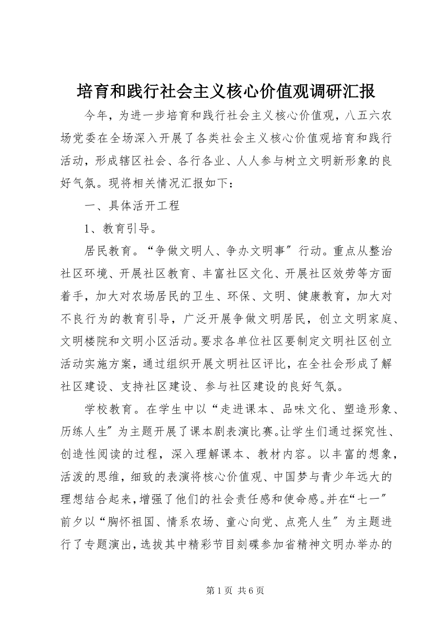 2023年培育和践行社会主义核心价值观调研汇报.docx_第1页