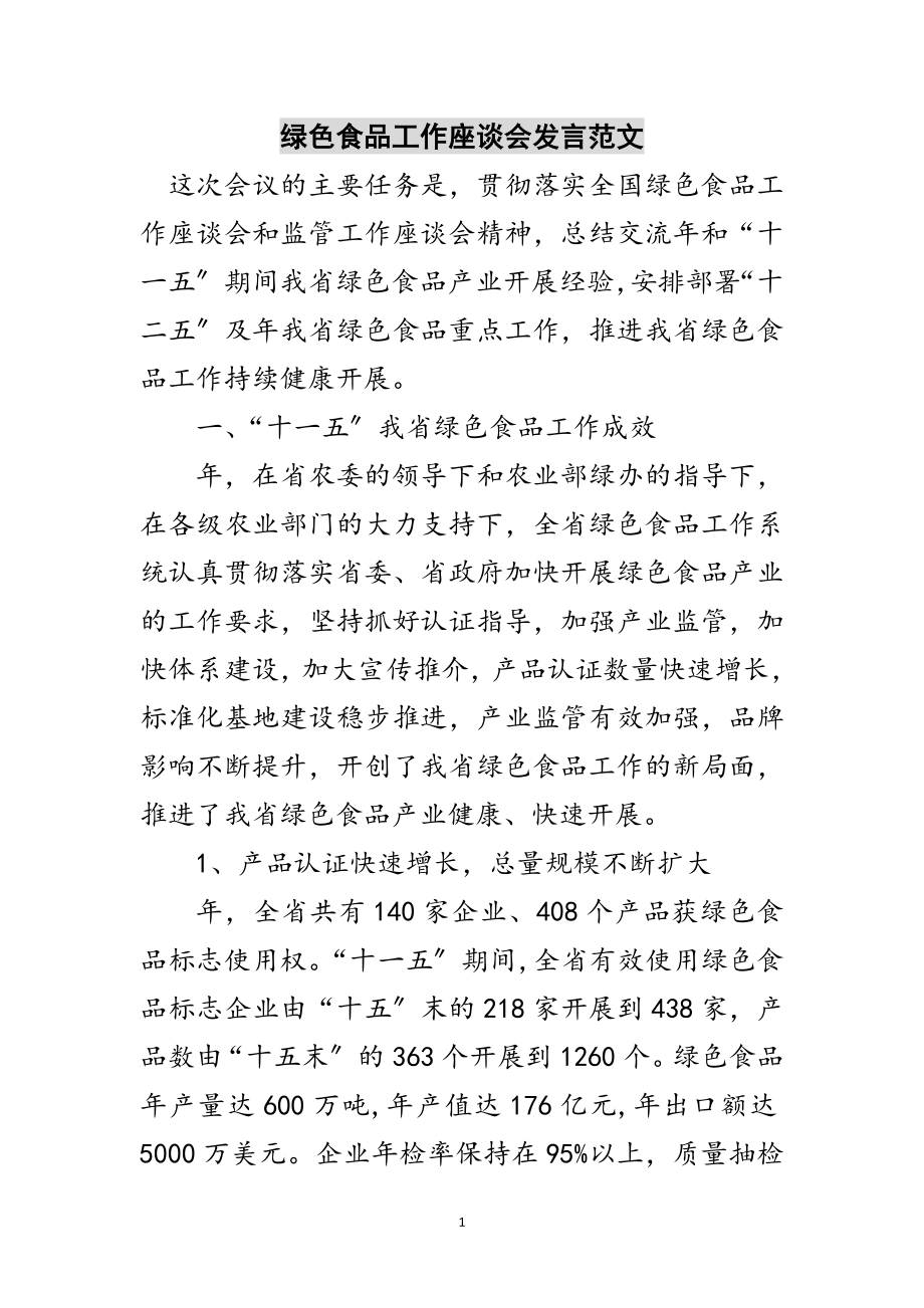 2023年绿色食品工作座谈会发言范文范文.doc_第1页