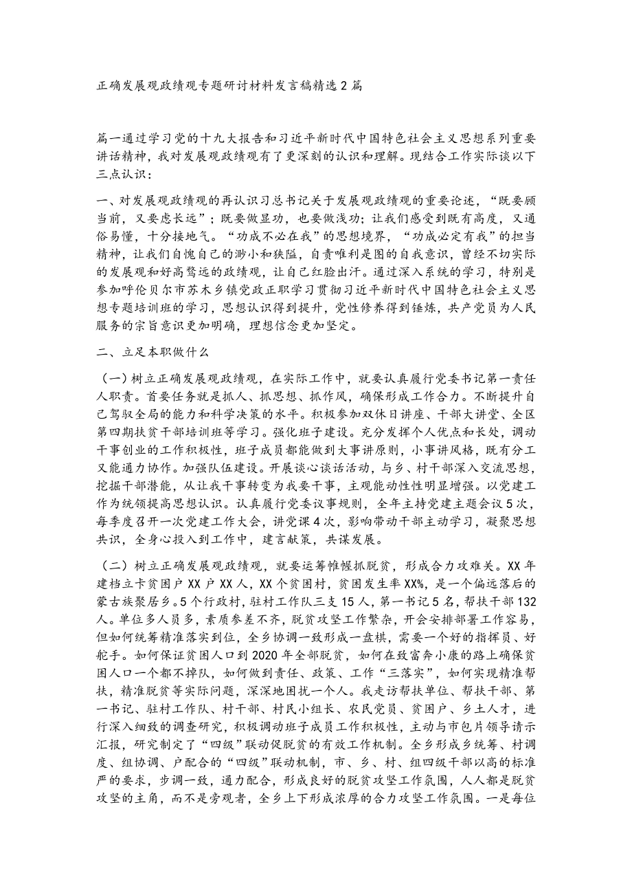 正确发展观政绩观专题研讨材料发言稿精选2篇.docx_第1页