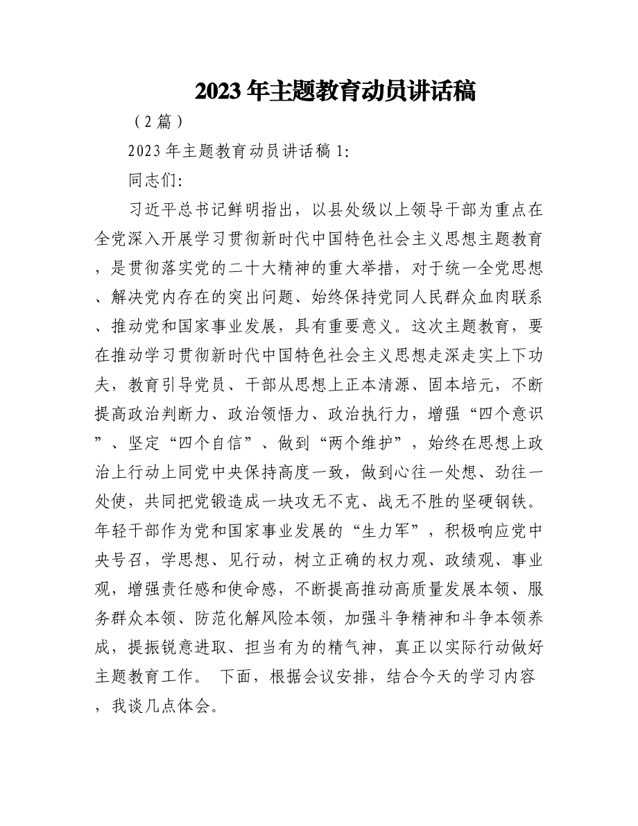 (2篇)2023年主题教育动员讲话稿.docx_第1页