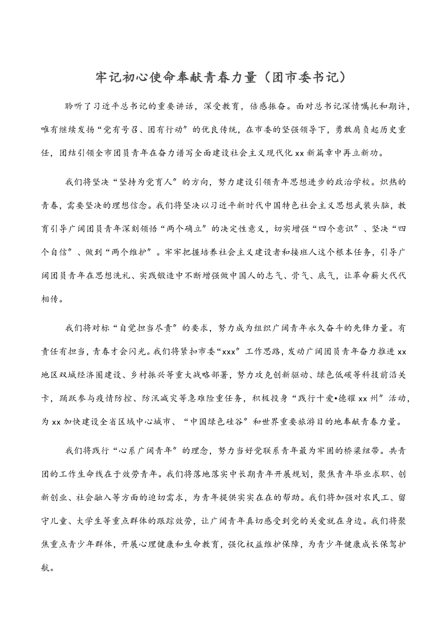 2023年牢记初心使命贡献青春力量（团市委书记）.docx_第1页