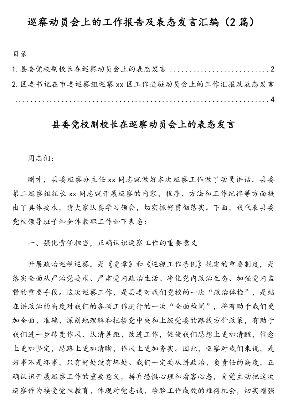 巡察动员会上的工作报告及表态发言汇编（2篇）.doc_第1页