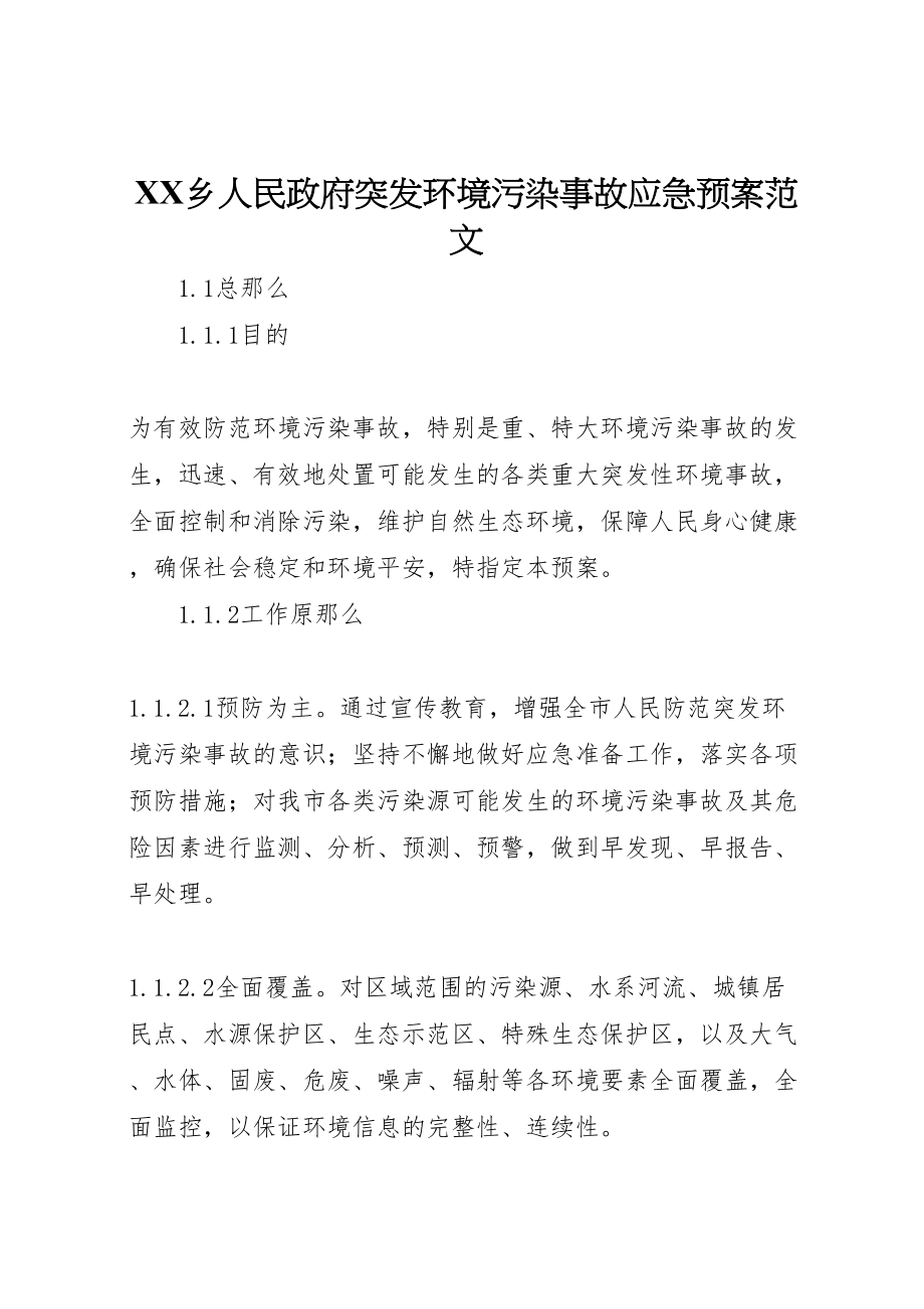 2023年乡人民政府突发环境污染事故应急预案范文 3.doc_第1页