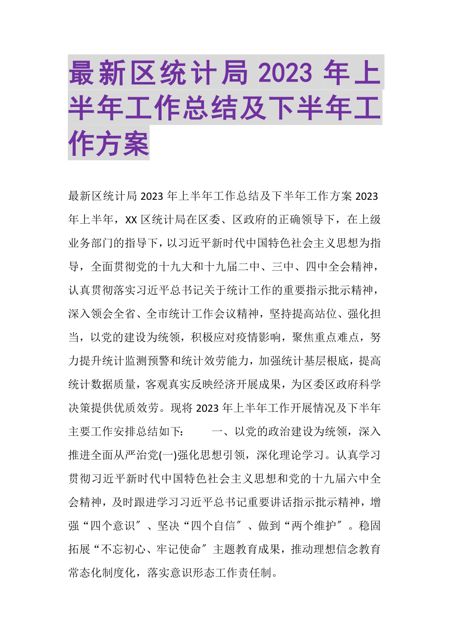 2023年区统计局上半年工作总结及下半年工作计划.doc_第1页