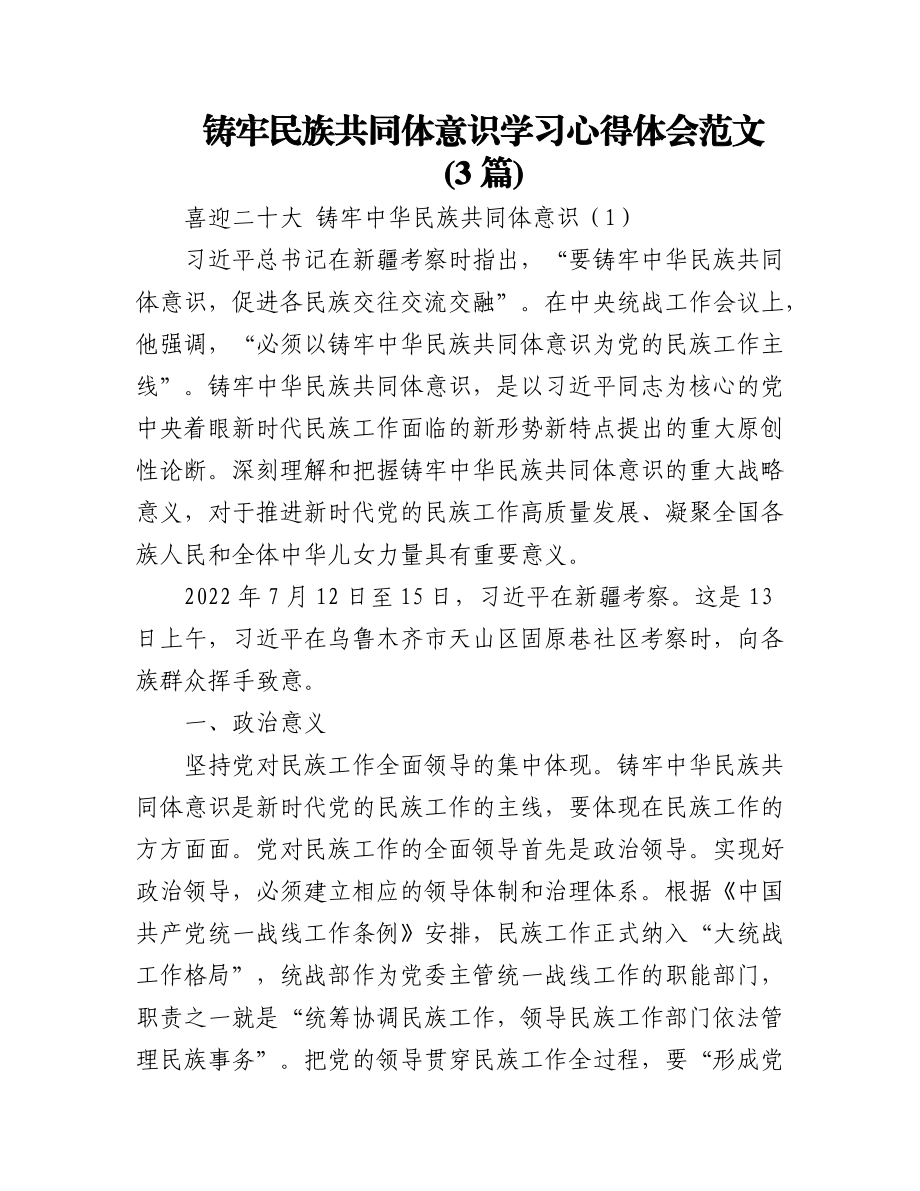 (3篇)铸牢民族共同体意识学习心得体会范文.docx_第1页