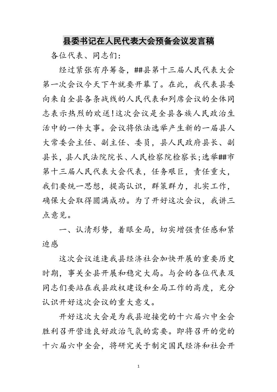 2023年县委书记在人民代表大会预备会议发言稿范文.doc_第1页