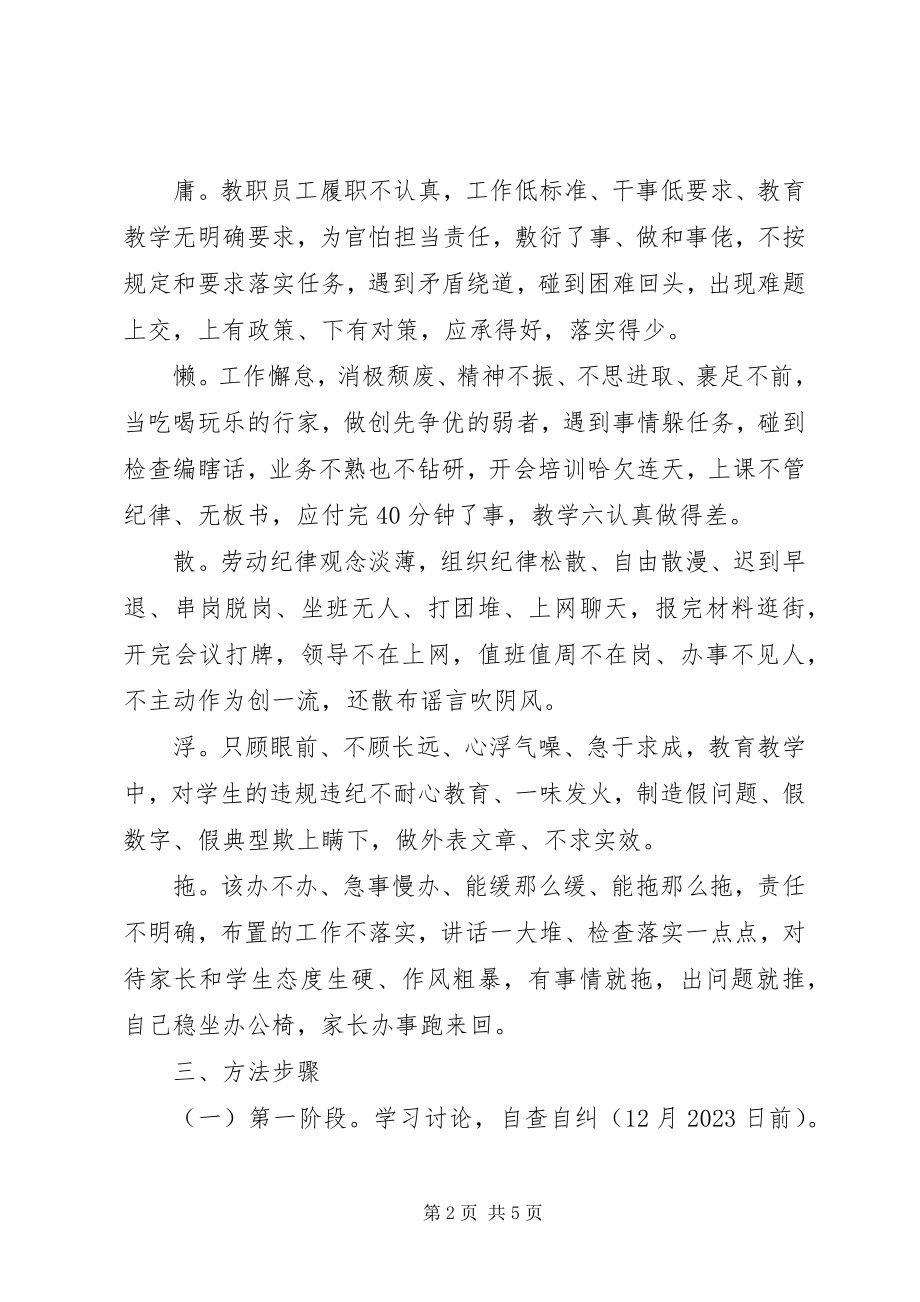 2023年高中关于开展庸懒散浮拖问题专项整治工作实施方案.docx_第2页