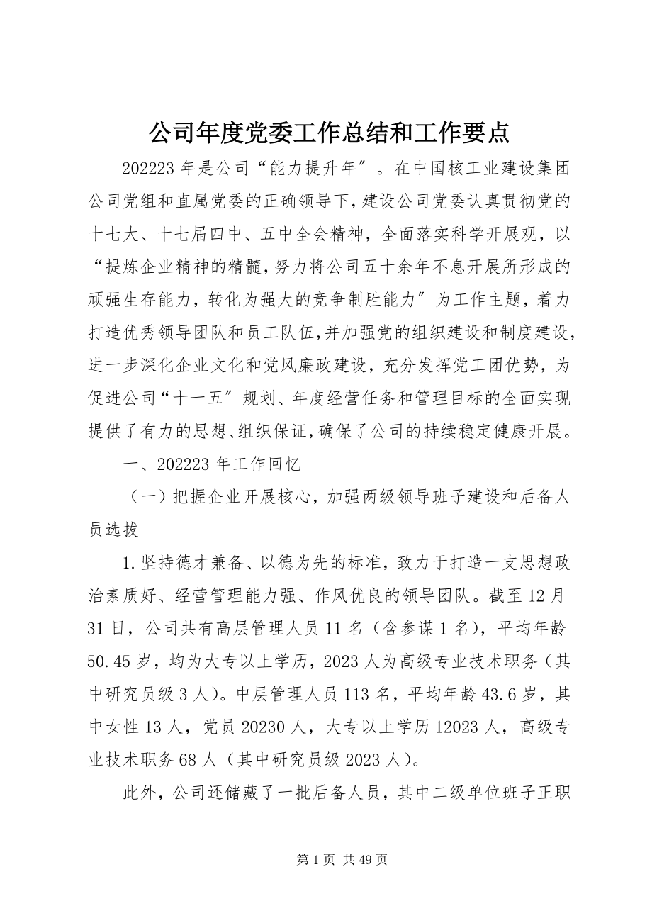 2023年公司年度党委工作总结和工作要点.docx_第1页