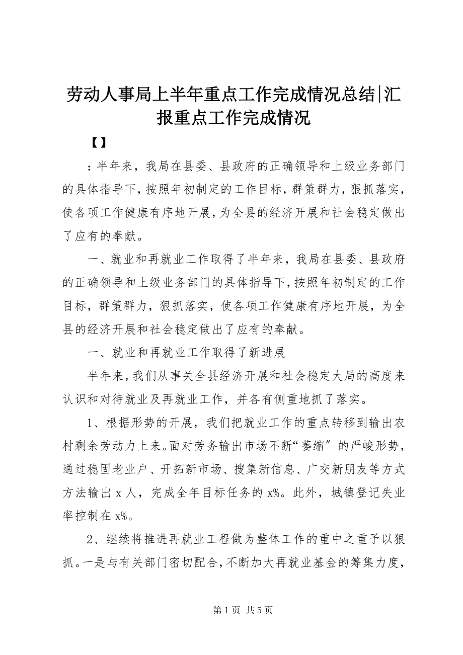 2023年劳动人事局上半年重点工作完成情况总结汇报重点工作完成情况.docx_第1页