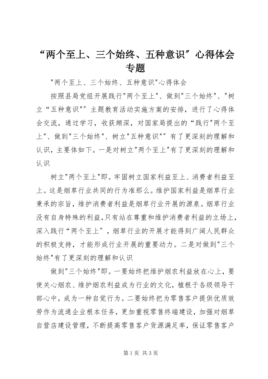 2023年两个至上三个始终五种意识心得体会专题.docx_第1页