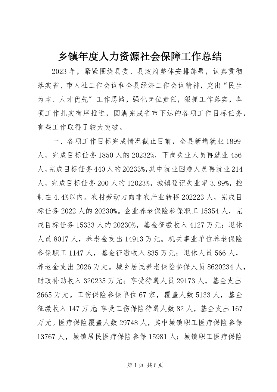 2023年乡镇年度人力资源社会保障工作总结.docx_第1页