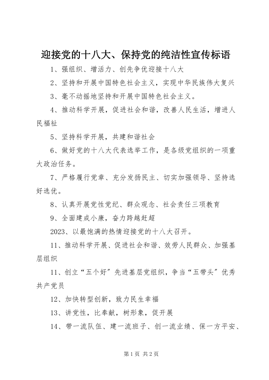 2023年迎接党的十八大保持党的纯洁性宣传标语.docx_第1页