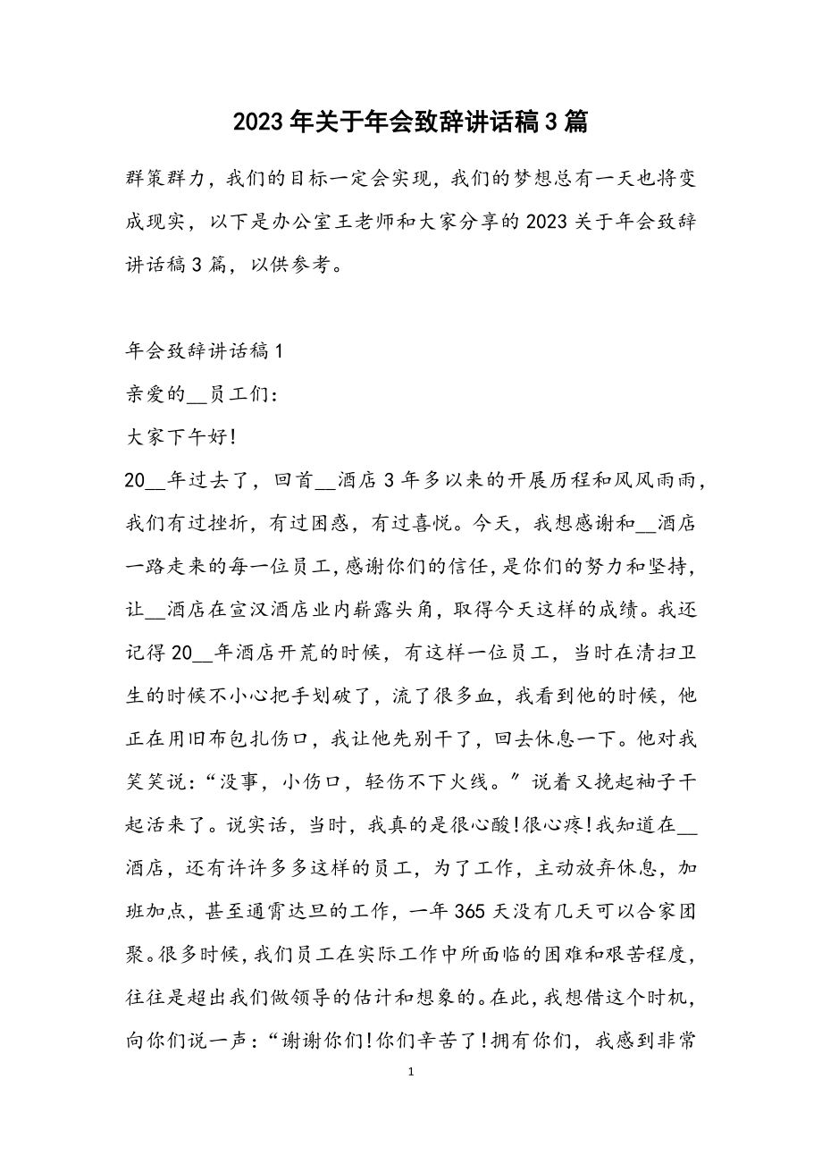 2023关于年会致辞讲话稿3篇.docx_第1页