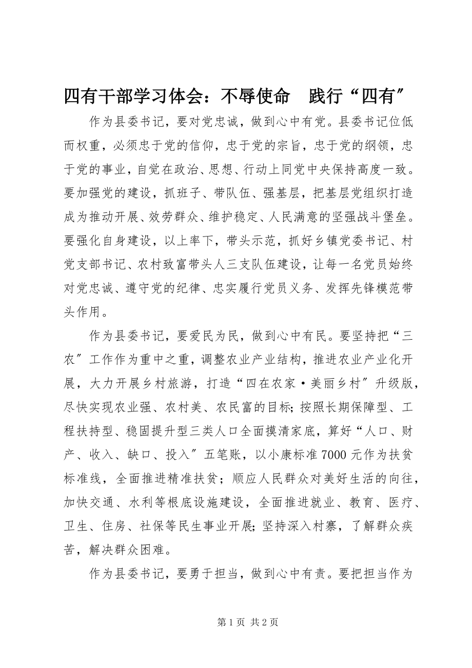 2023年四有干部学习体会不辱使命　践行“四有”.docx_第1页