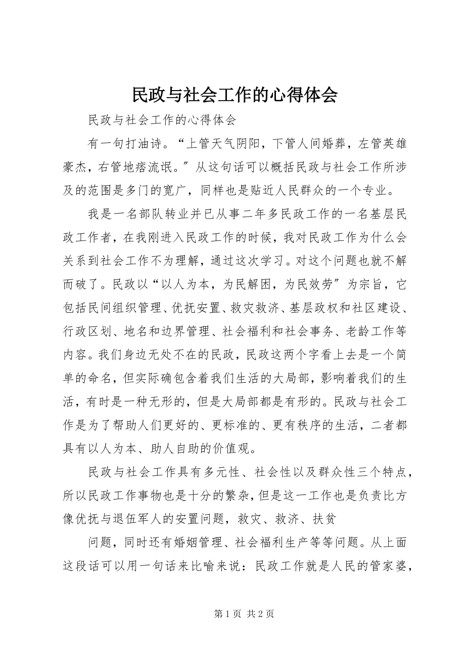 2023年民政与社会工作的心得体会.docx_第1页