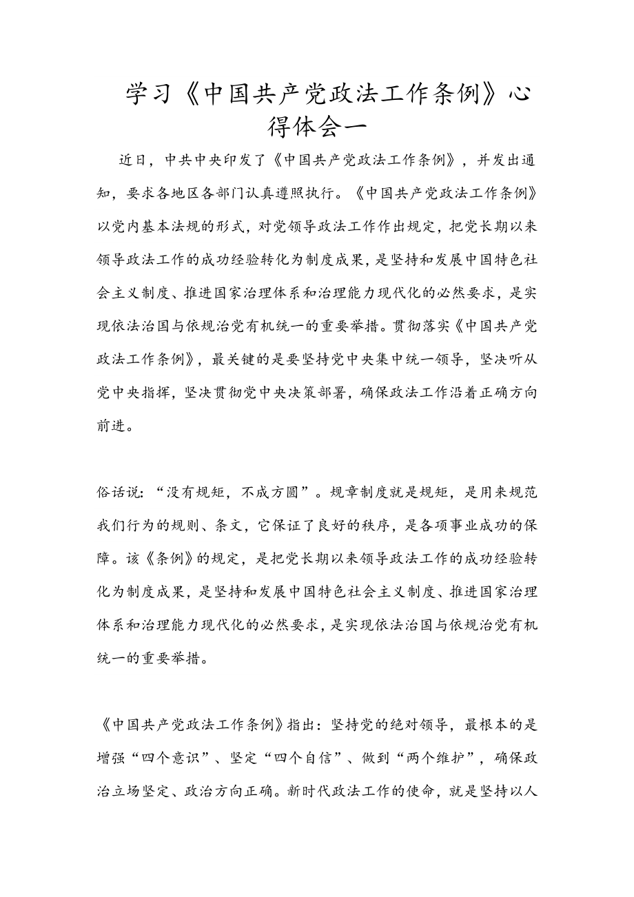 学习《中国共产党政法工作条例》心得体会10篇.docx_第1页