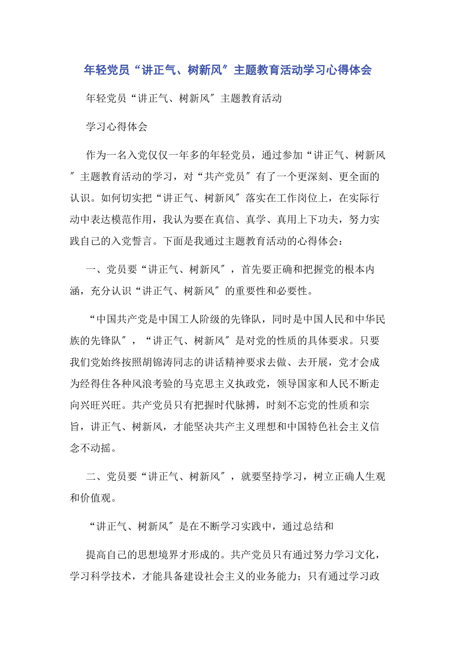 2023年轻党员“讲正气树新风”主题教育活动学习心得体会.docx_第1页