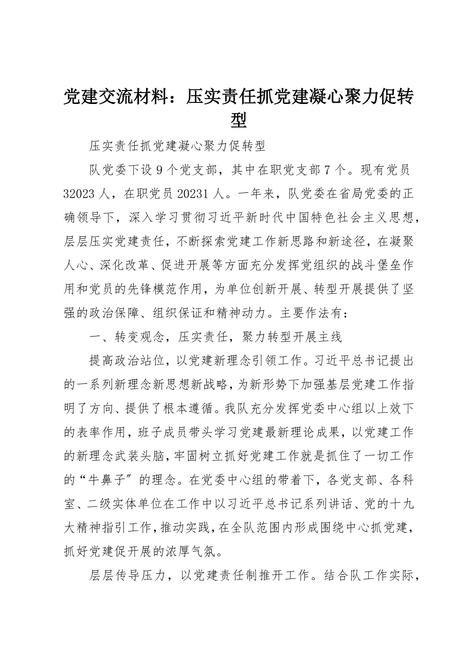 2023年党建交流材料压实责任抓党建凝心聚力促转型.docx_第1页