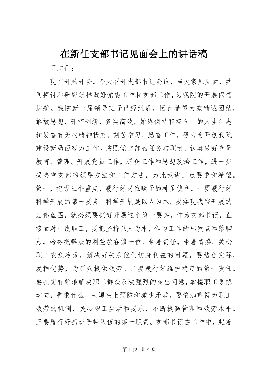 2023年在新任支部书记见面会上的致辞稿.docx_第1页