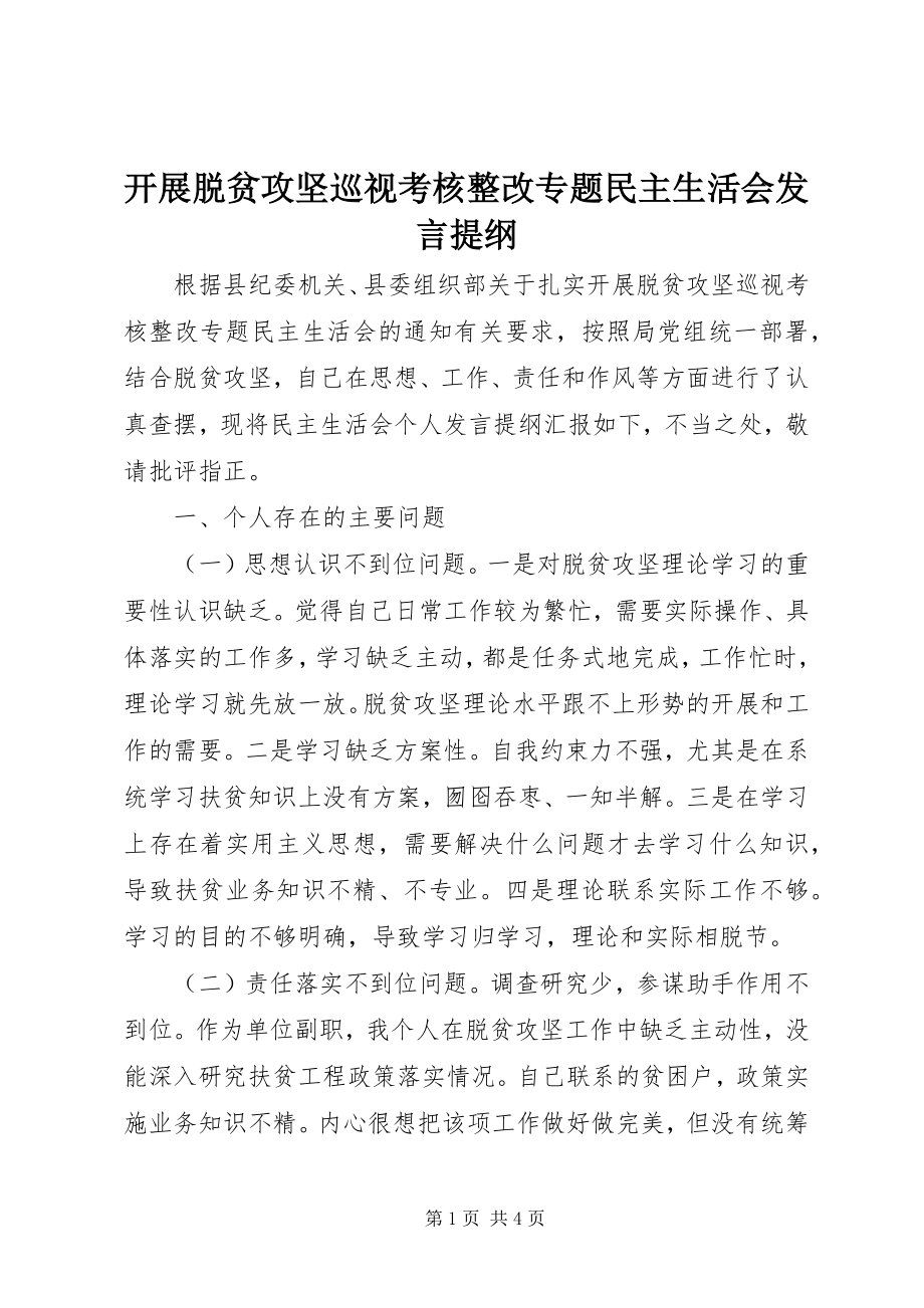 2023年开展脱贫攻坚巡视考核整改专题民主生活会讲话提纲.docx_第1页