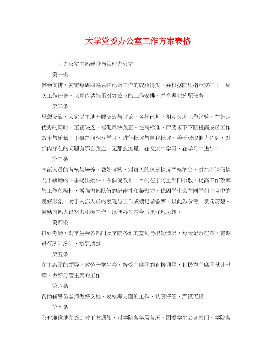 2023年大学党委办公室工作计划表格.docx_第1页