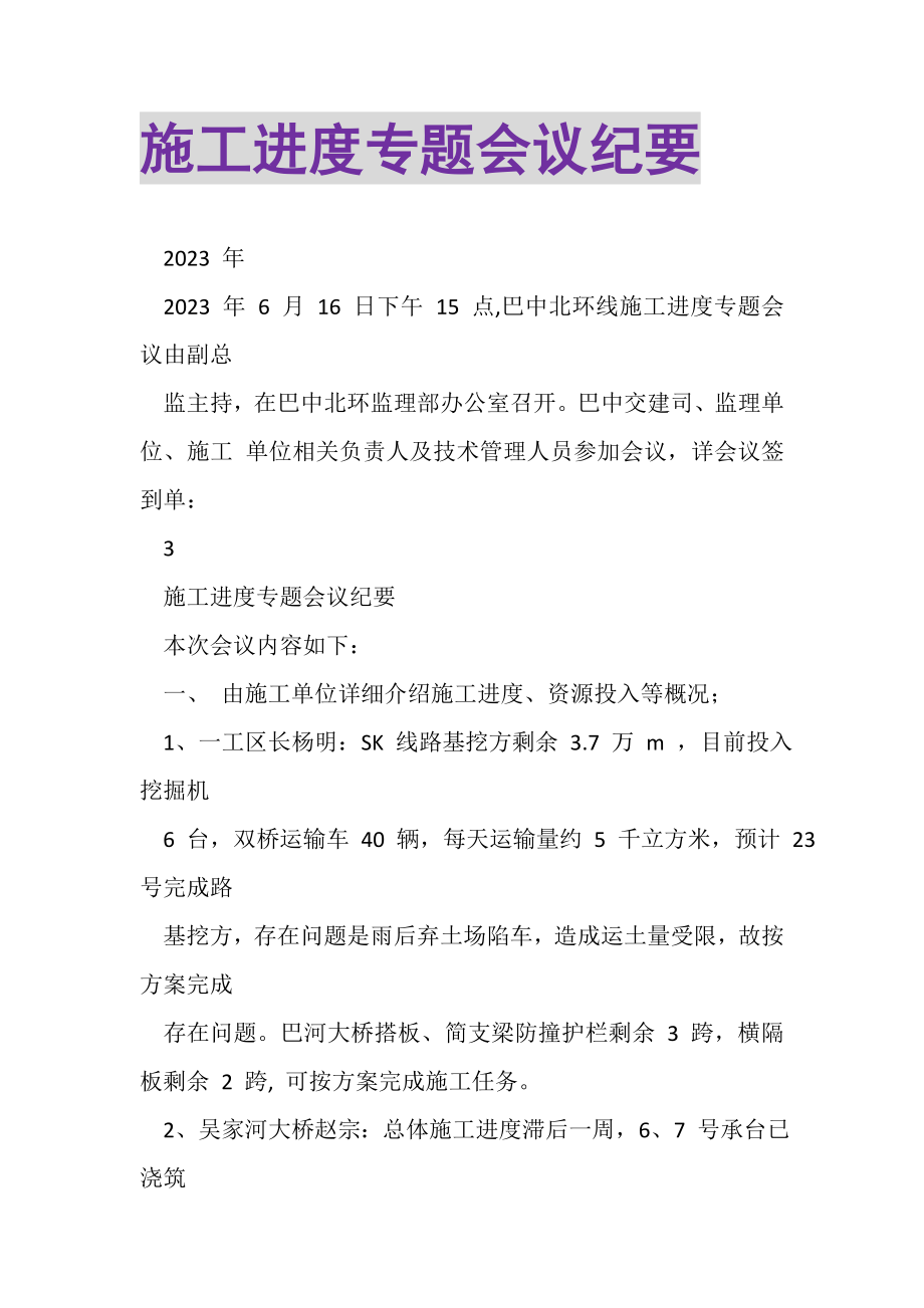 2023年施工进度专题会议纪要.doc_第1页