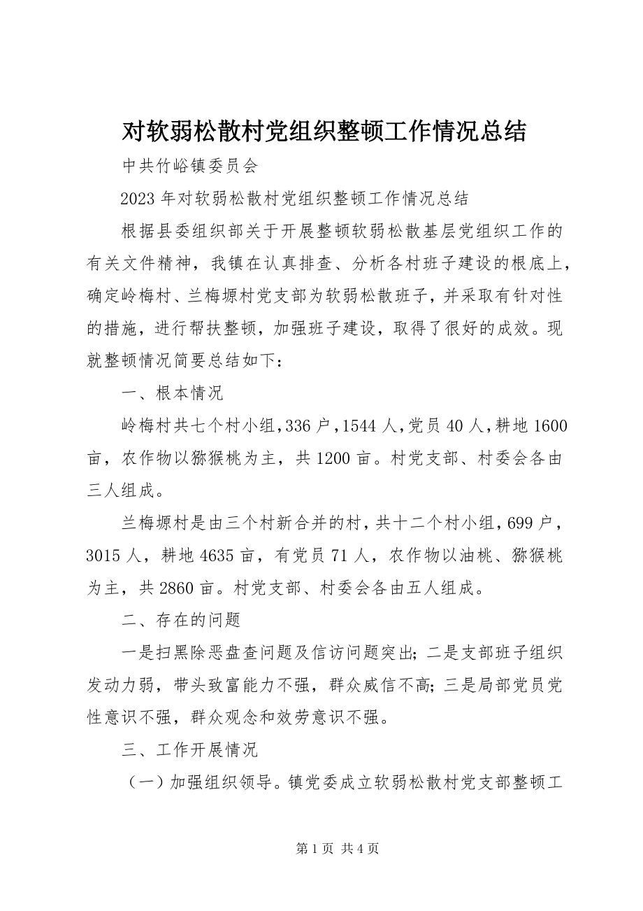 2023年对软弱涣散村党组织整顿工作情况总结.docx_第1页