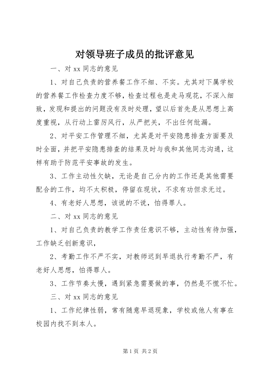 2023年对领导班子成员的批评意见.docx_第1页