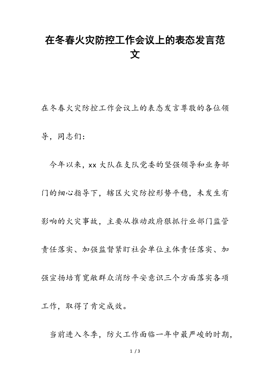 2023年在冬春火灾防控工作会议上的表态发言.doc_第1页