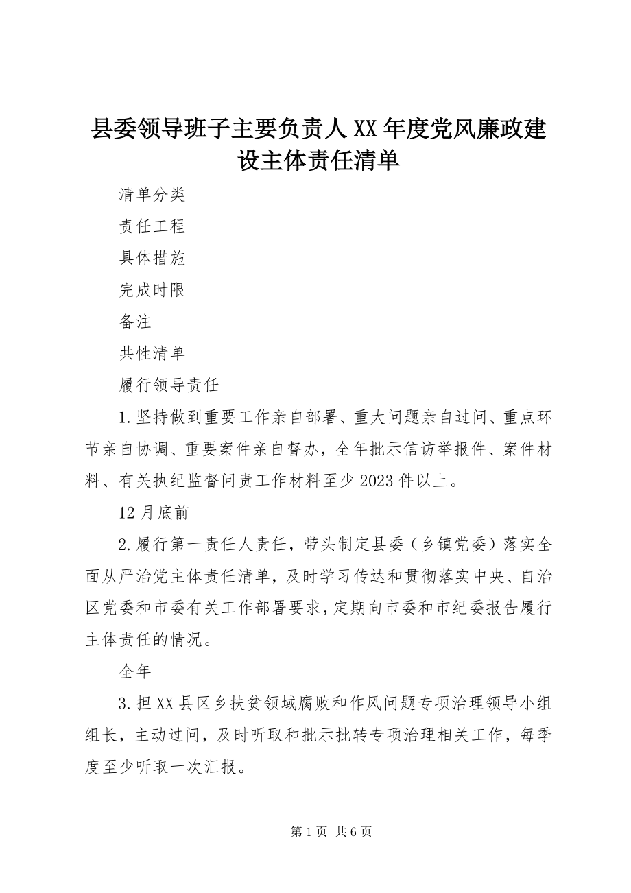 2023年县委领导班子主要负责人度党风廉政建设主体责任清单.docx_第1页