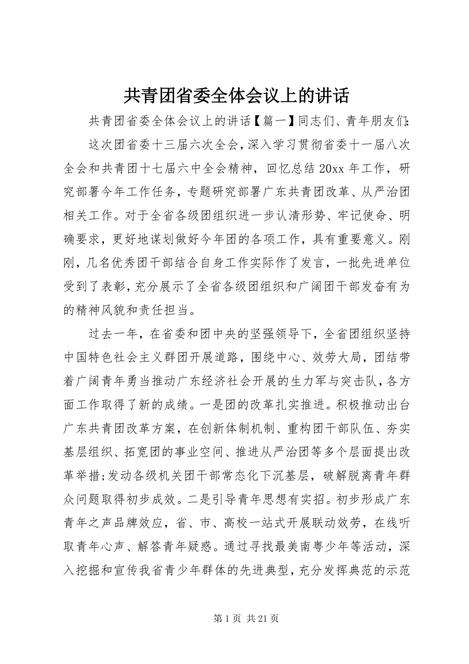 2023年共青团省委全体会议上的致辞.docx_第1页