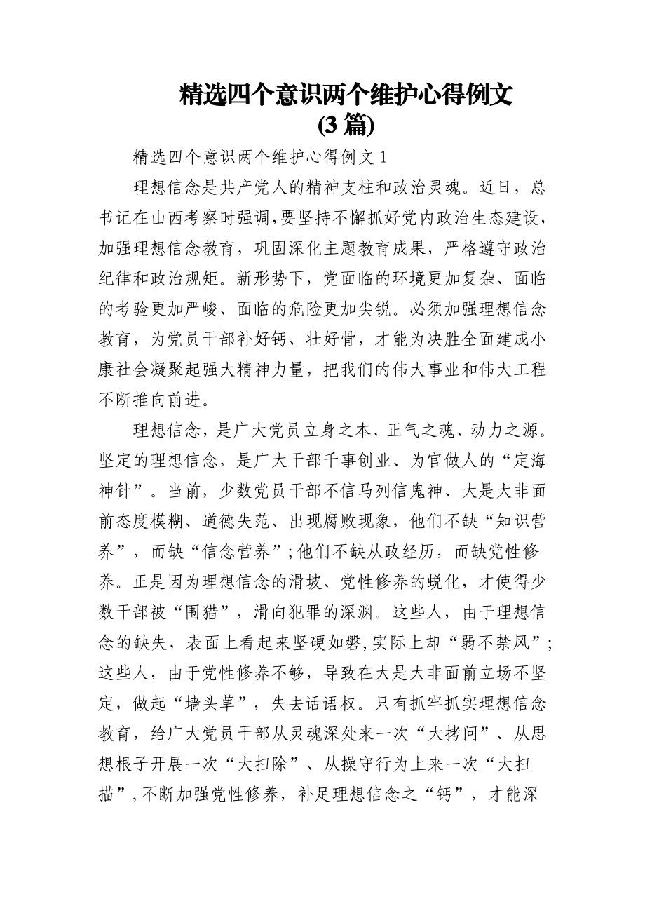 (3篇)精选四个意识两个维护心得例文.docx_第1页