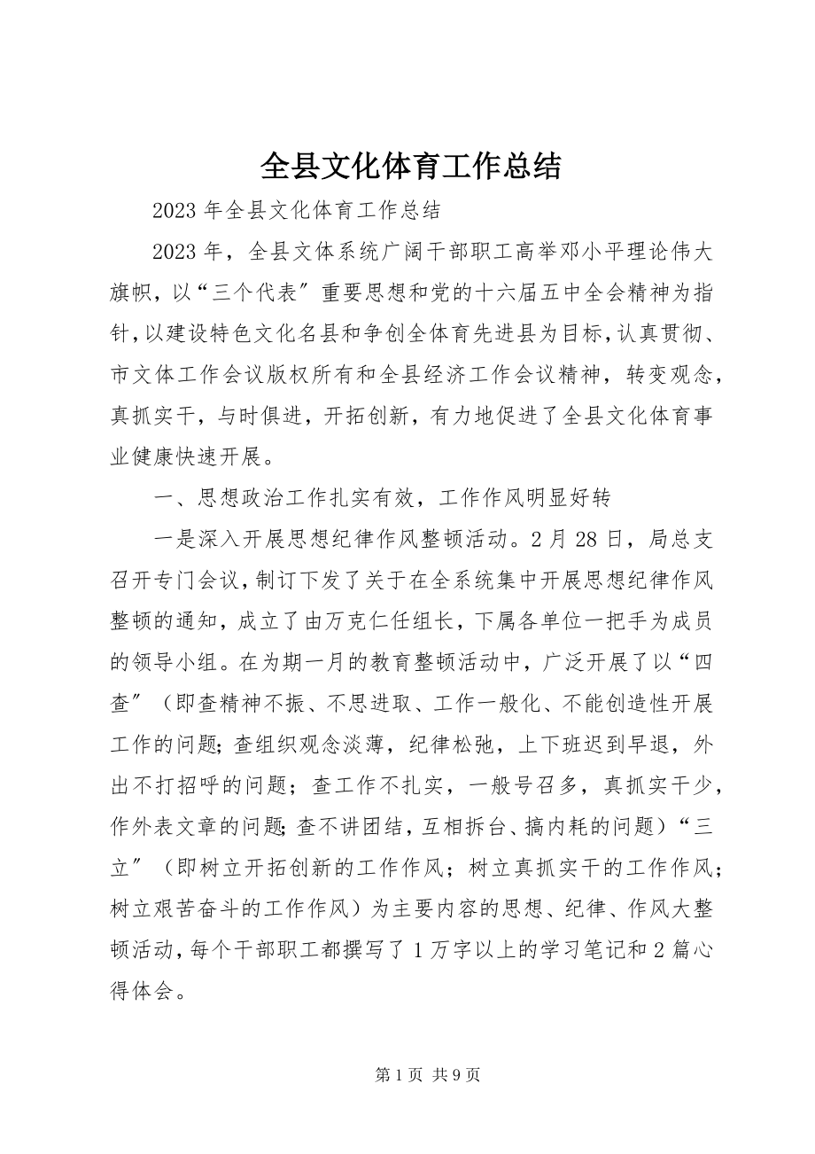 2023年全县文化体育工作总结.docx_第1页