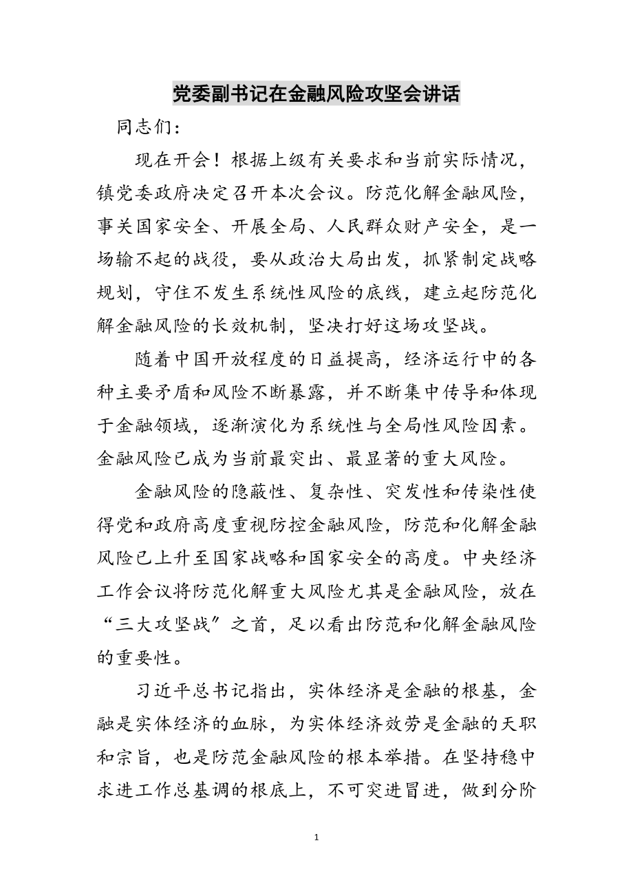 2023年党委副书记在金融风险攻坚会讲话范文.doc_第1页