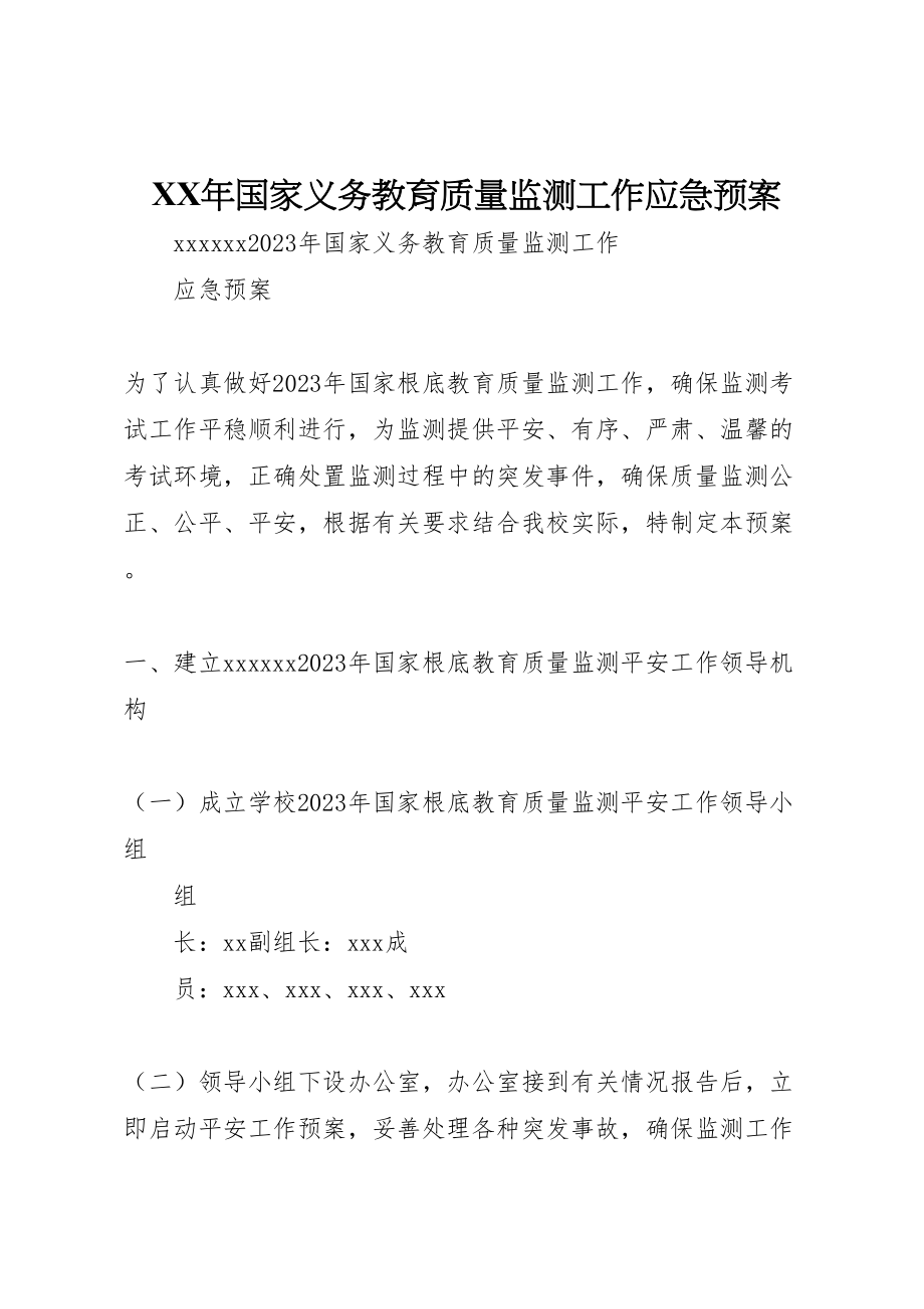 2023年国家义务教育质量监测工作应急预案.doc_第1页