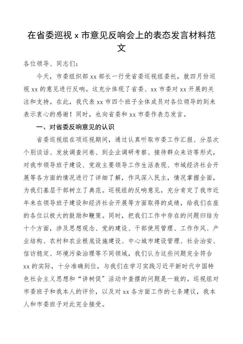 2023年表态发言x市意见反馈会上的表态发言材料范文巡察.docx_第1页