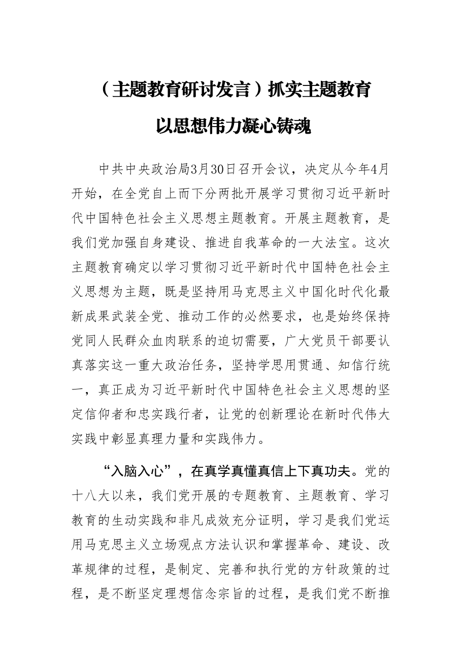 2023年(主题教育研讨发言)抓实主题教育 以思想伟力凝心铸魂 .docx_第1页