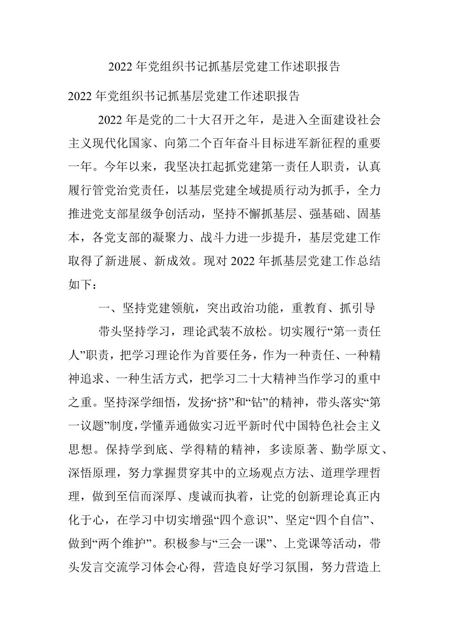 2022年党组织书记抓基层党建工作述职报告_1.docx_第1页