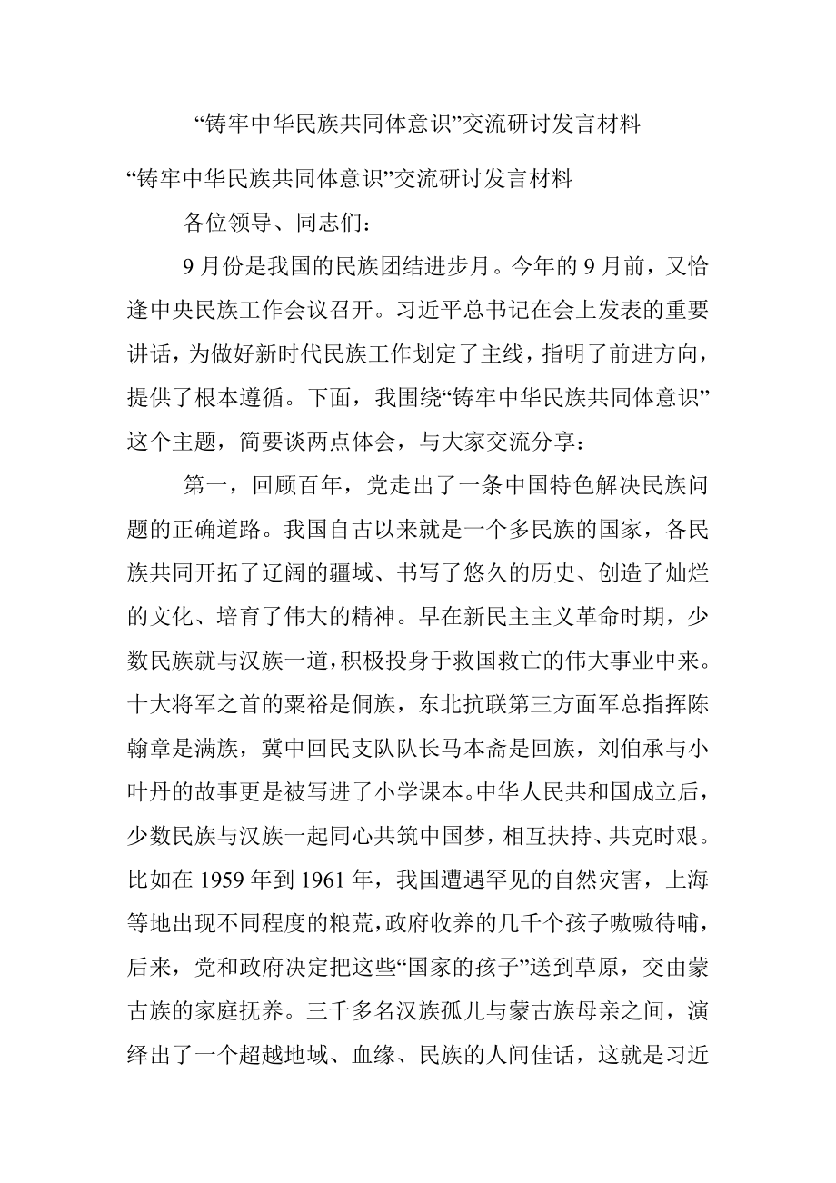 “铸牢中华民族共同体意识”交流研讨发言材料.docx_第1页