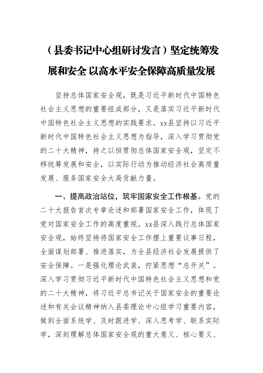 2023年(县委书记中心组研讨发言)坚定统筹发展和安全 以高水平安全保障高质量发展 .docx_第1页