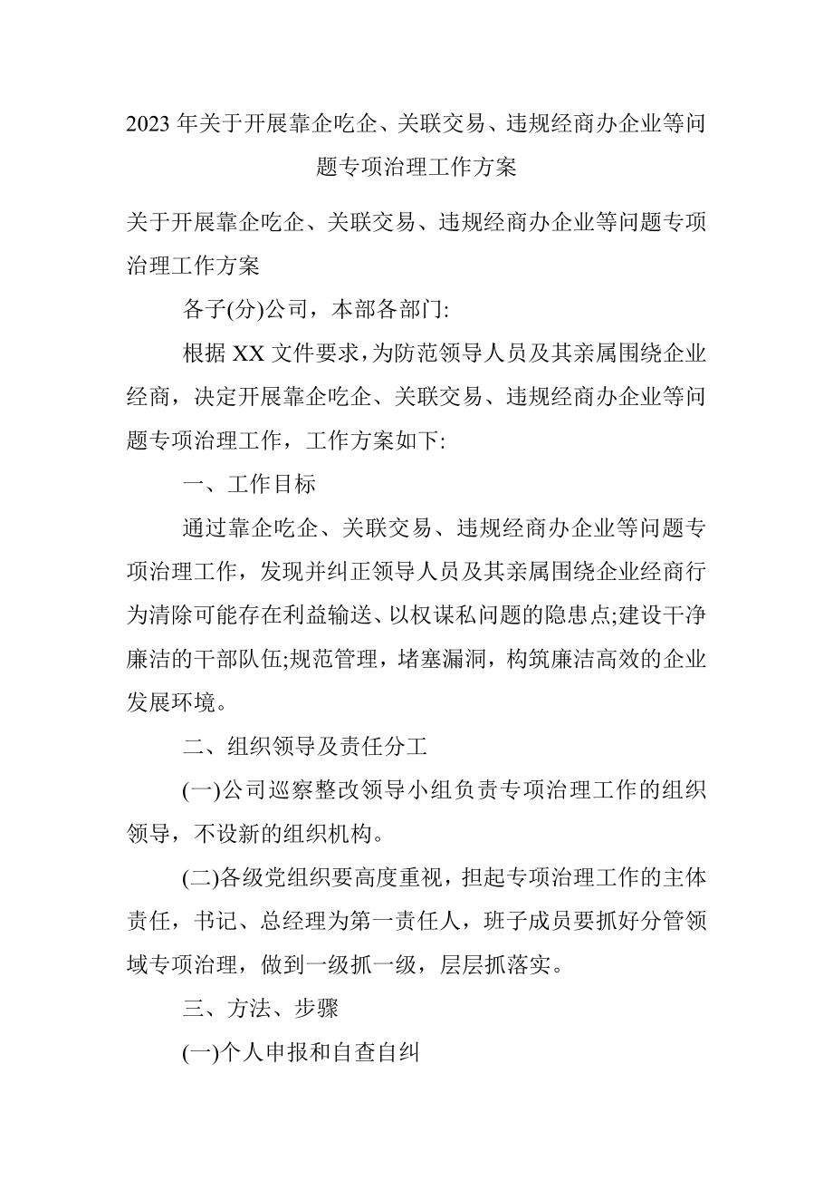 2023年关于开展靠企吃企、关联交易、违规经商办企业等问题专项治理工作方案.docx_第1页