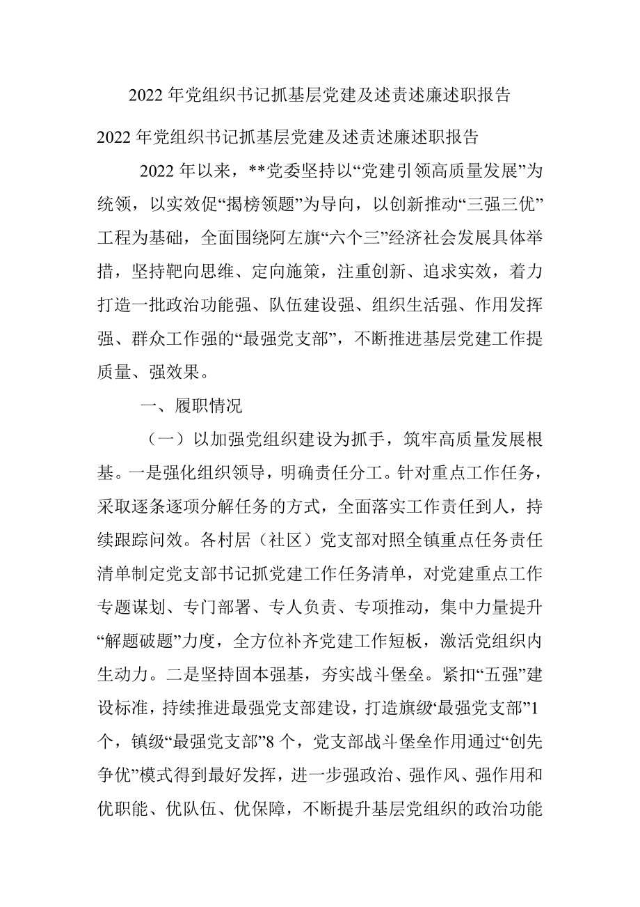 2022年党组织书记抓基层党建及述责述廉述职报告.docx_第1页