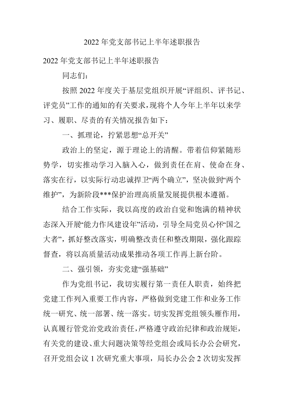 2022年党支部书记上半年述职报告.docx_第1页