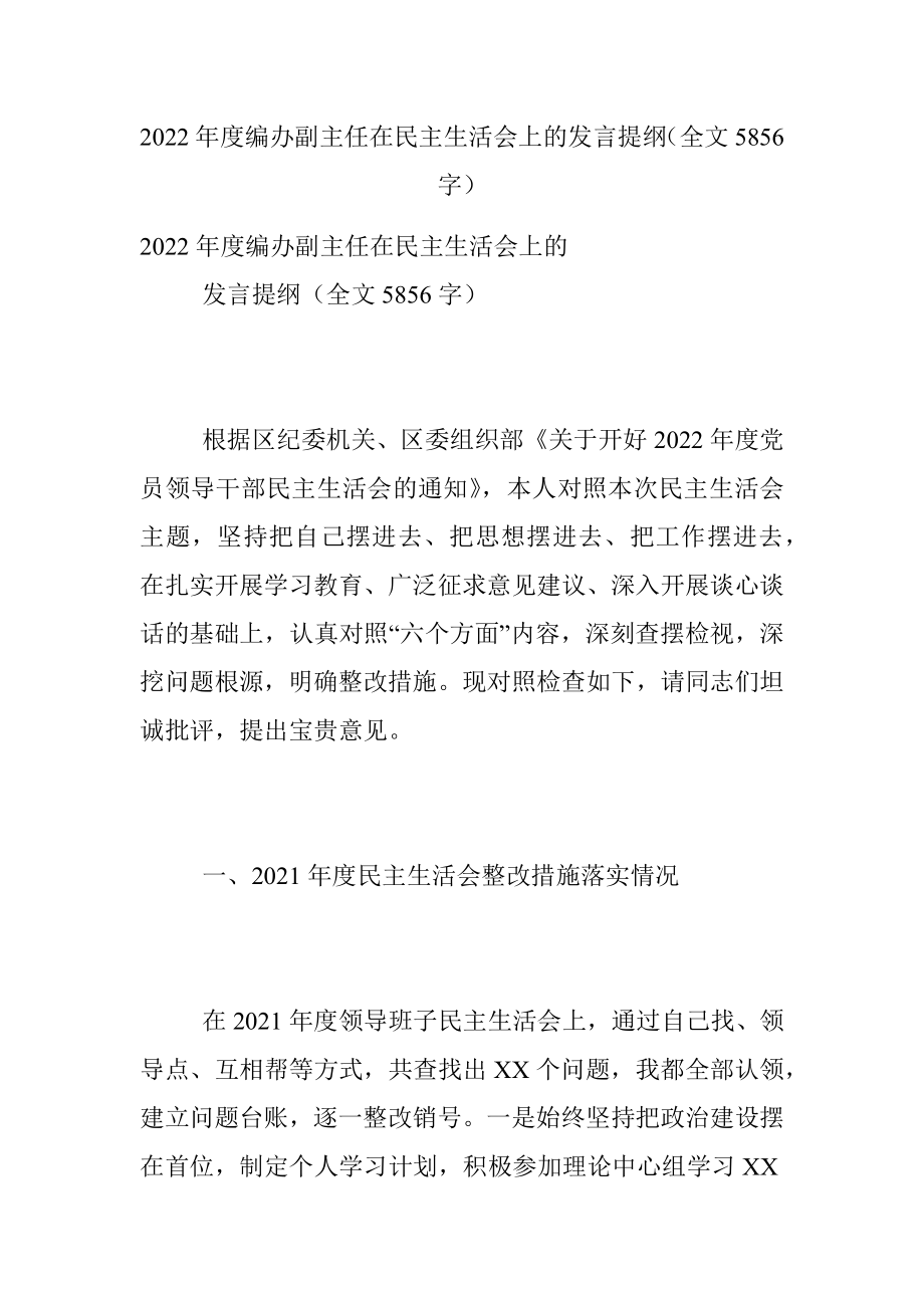 2022年度编办副主任在民主生活会上的发言提纲（全文5856字）.docx_第1页