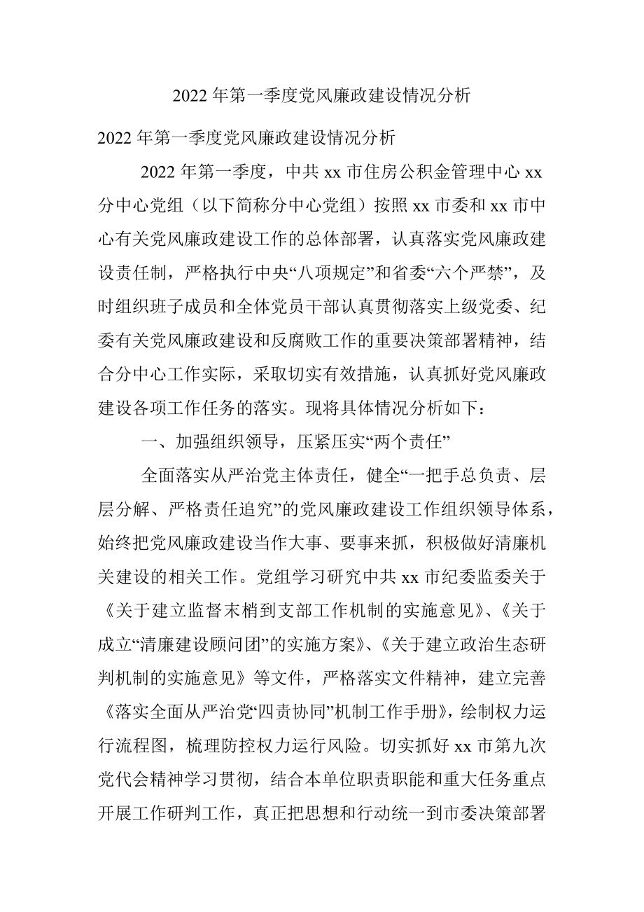 2022年第一季度党风廉政建设情况分析.docx_第1页