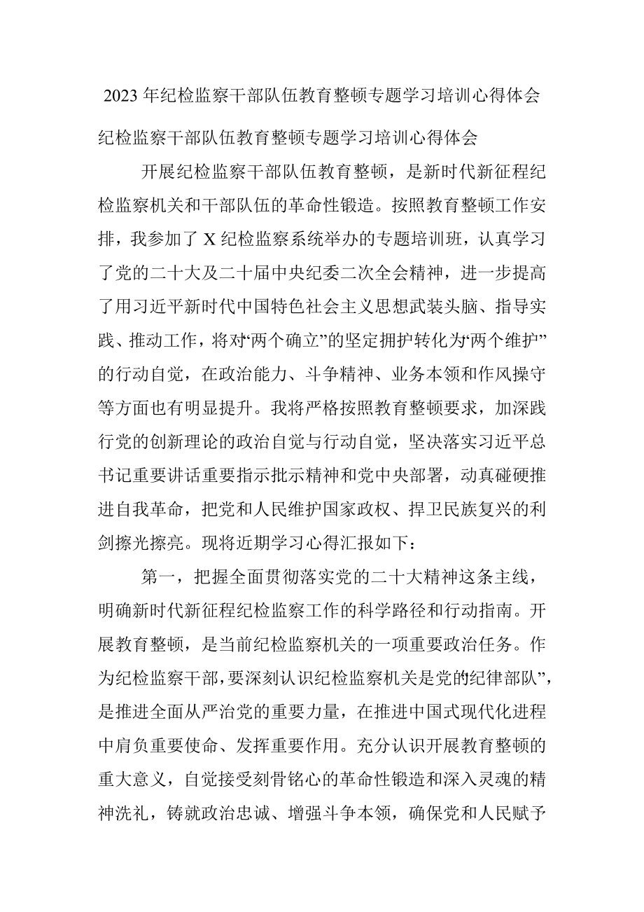 2023年纪检监察干部队伍教育整顿专题学习培训心得体会.docx_第1页