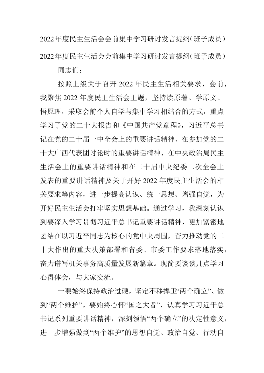 2022年度民主生活会会前集中学习研讨发言提纲（班子成员）.docx_第1页