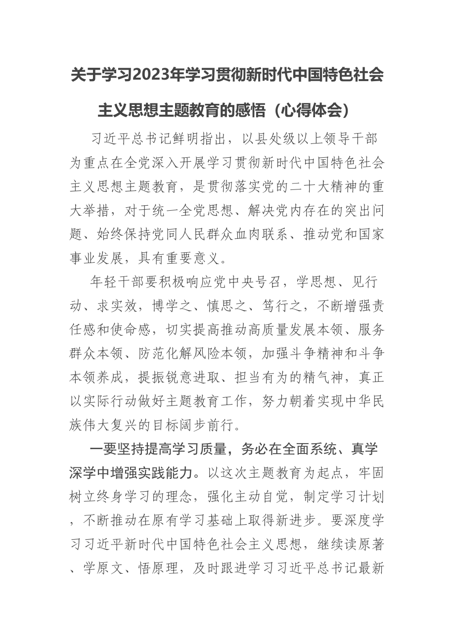 关于学习2023年学习贯彻新时代中国特色社会主义思想主题教育的感悟（心得体会） .docx_第1页