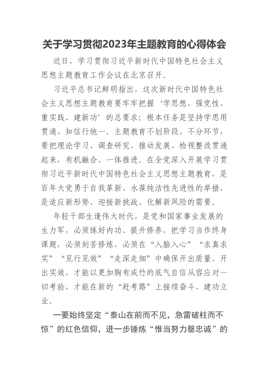 关于学习贯彻2023年主题教育的心得体会 .docx_第1页